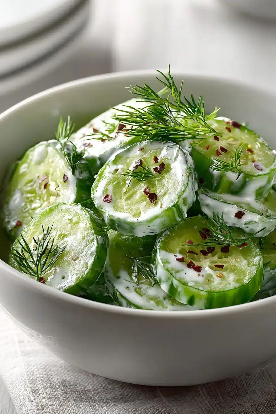 Old fashioned cucumber salad with mayo dressing served in a bowl