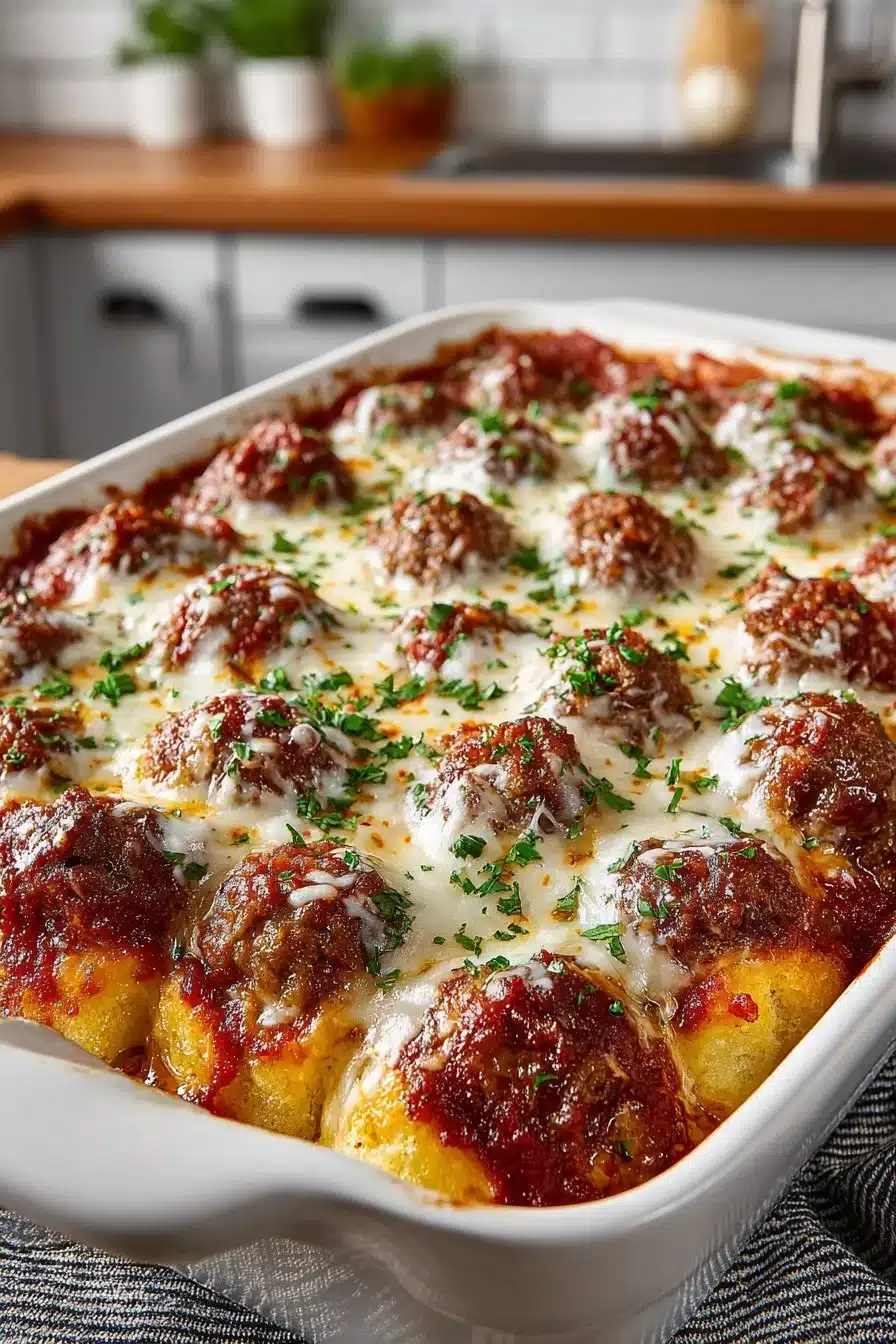 Delicious Old Fashioned Meatball Sub Casserole served in a baking dish