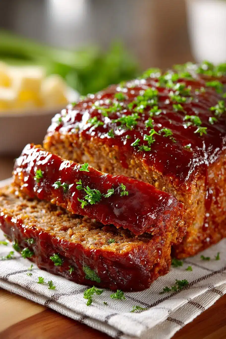 Delicious old fashioned meatloaf topped with brown sugar glaze on a plate
