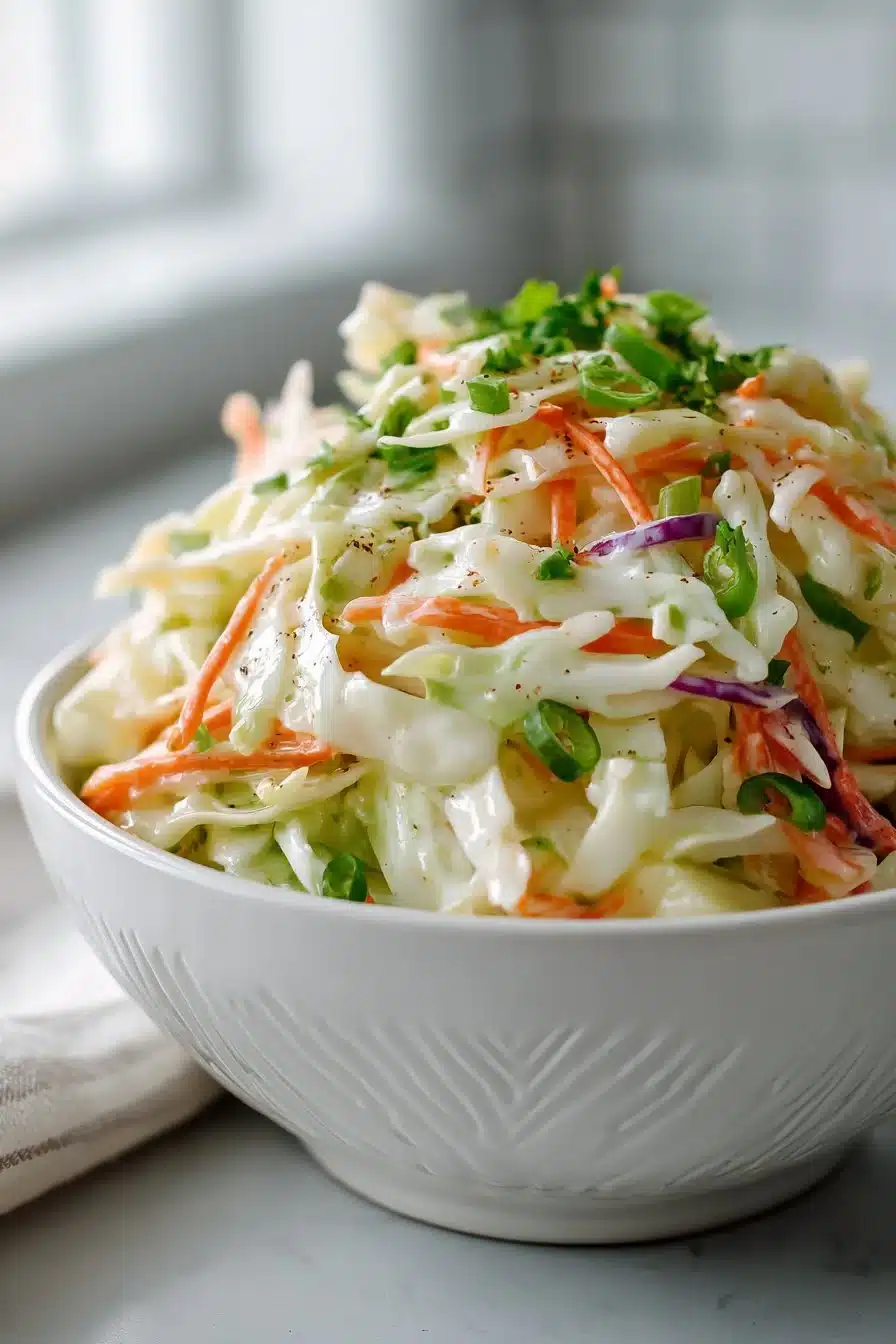 Bowl of Old Fashioned Pineapple Coleslaw with shredded cabbage and pineapple chunks