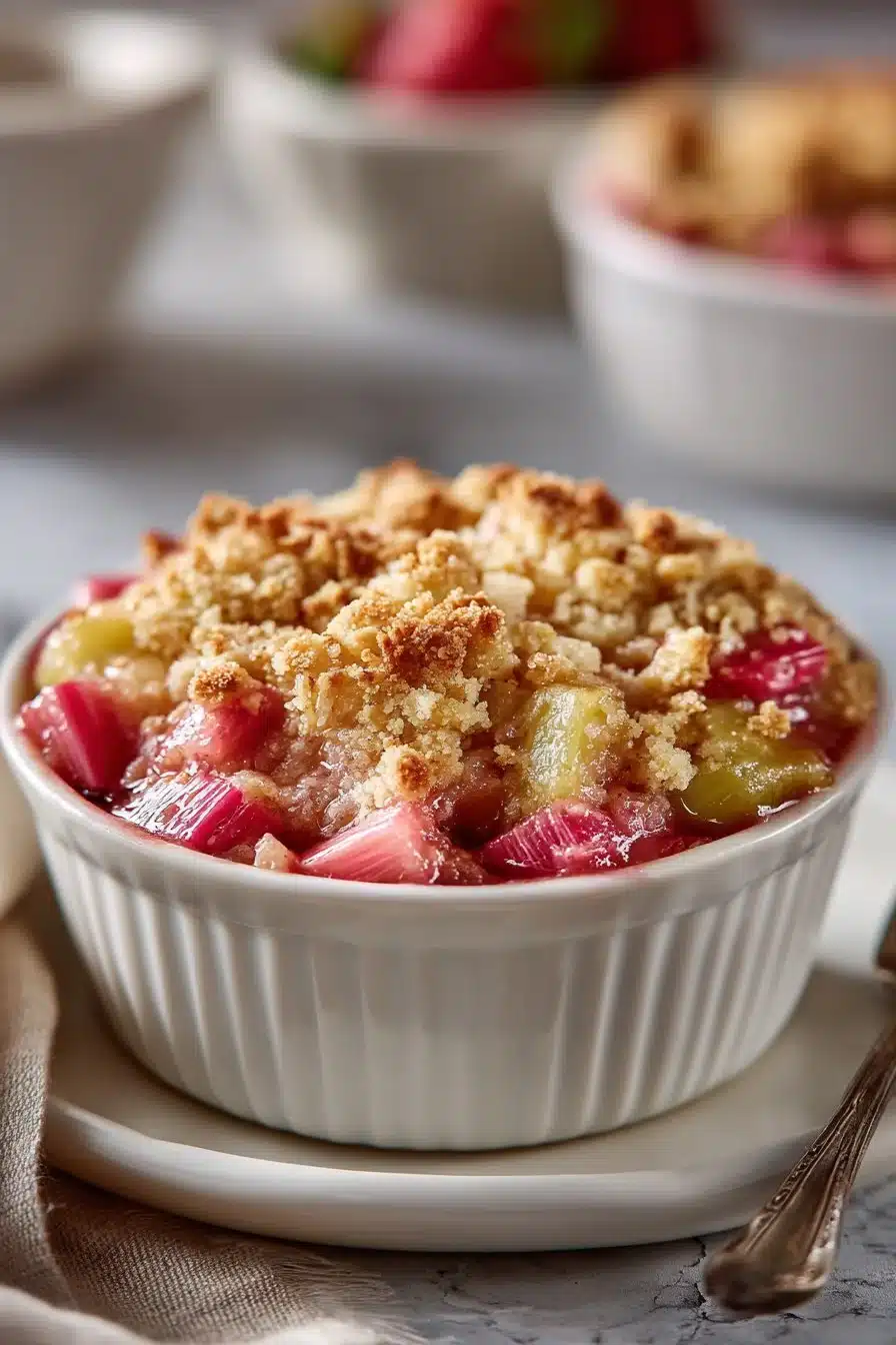 Delicious old fashioned rhubarb crumble dessert served in a bowl