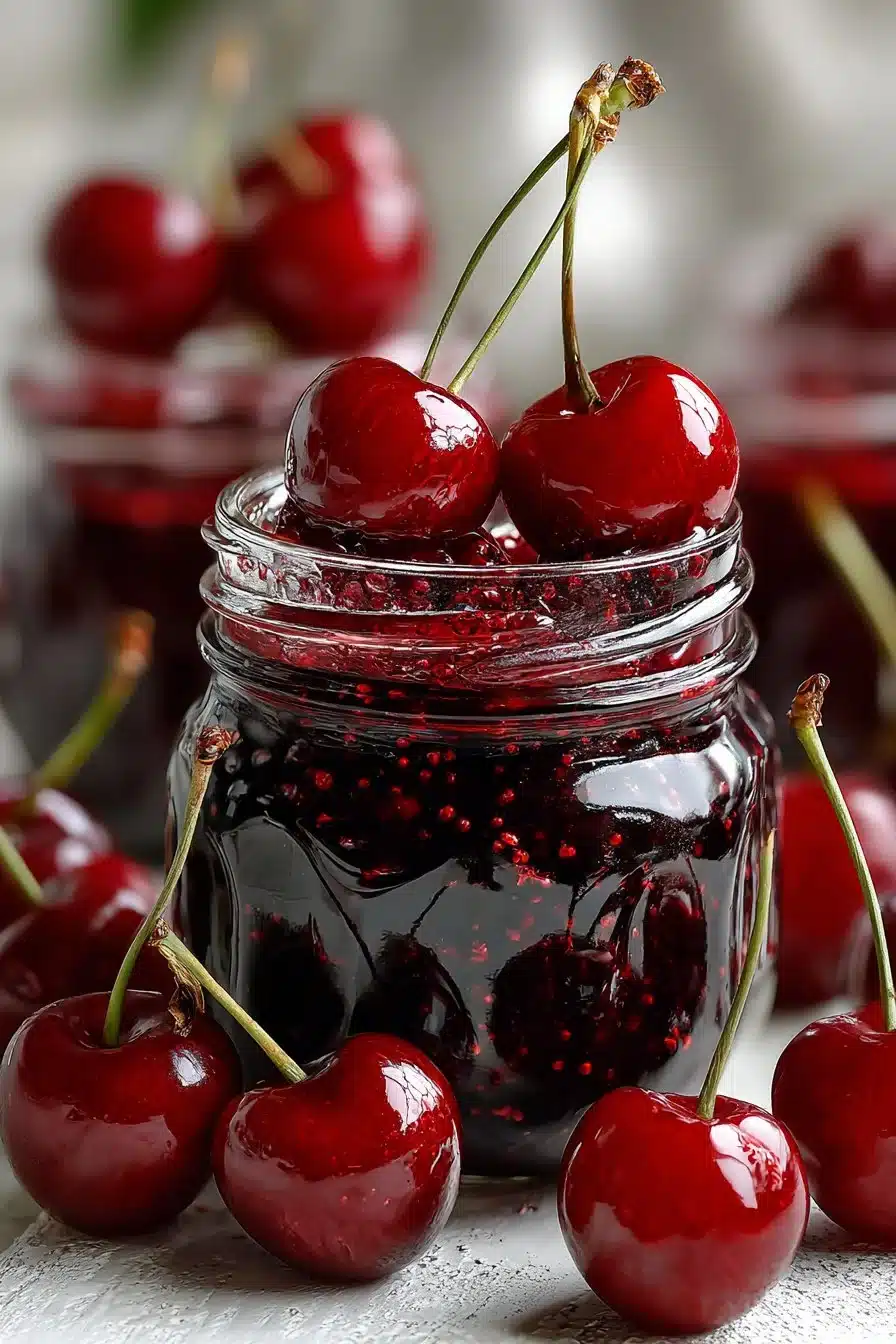 Jar of old fashioned spiced cherry jam on a rustic table