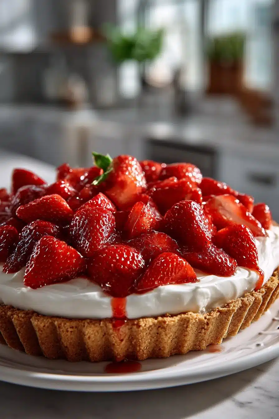 Homemade Old Fashioned Strawberry Icebox Pie slice served on a plate