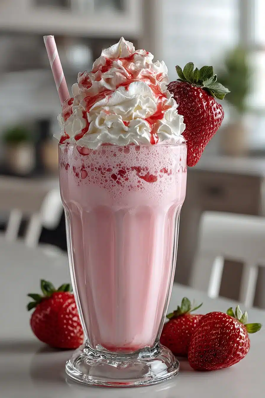 Old Fashioned Strawberry Milkshake Delicious old fashioned strawberry milkshake in a glass with fresh strawberries