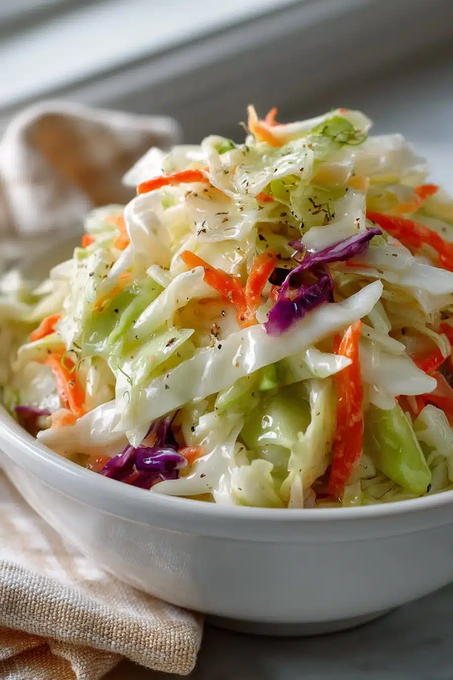 Old Fashioned Sweet Vinegar Coleslaw with colorful vegetables in a bowl