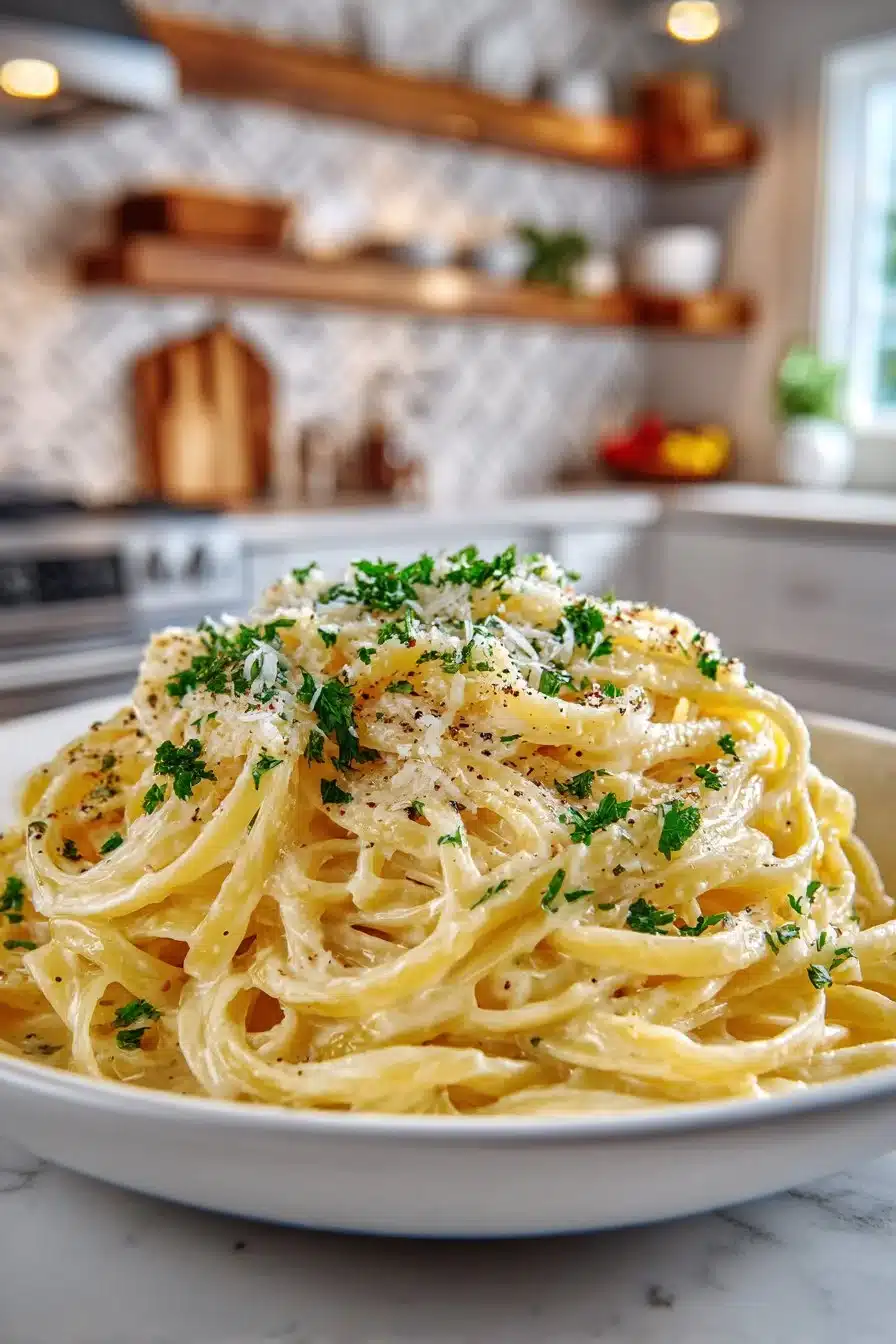 Delicious one pot creamy garlic pasta dish garnished with herbs.