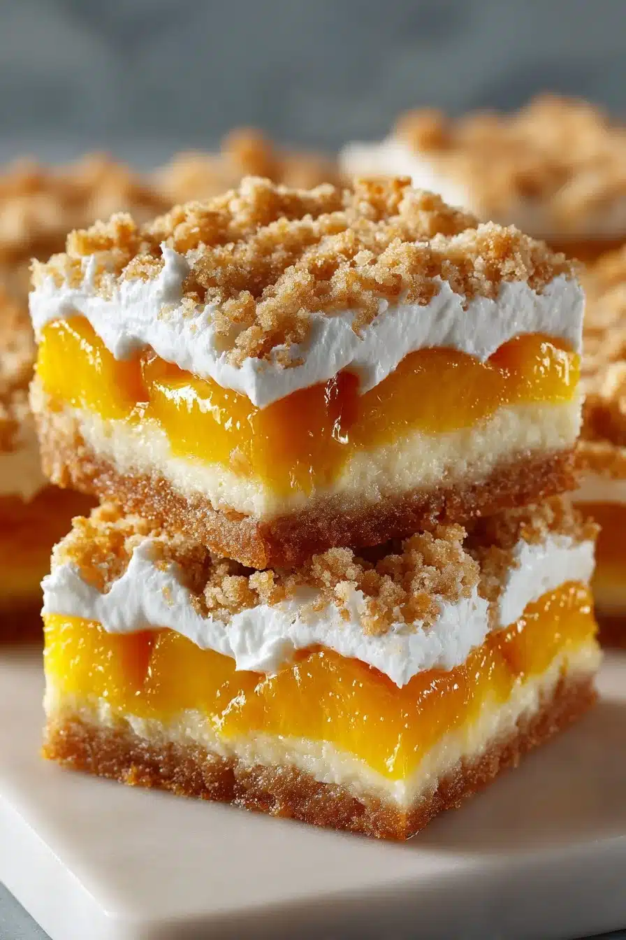 Delicious peach crumb bars with a buttery crumb topping and fresh peach filling