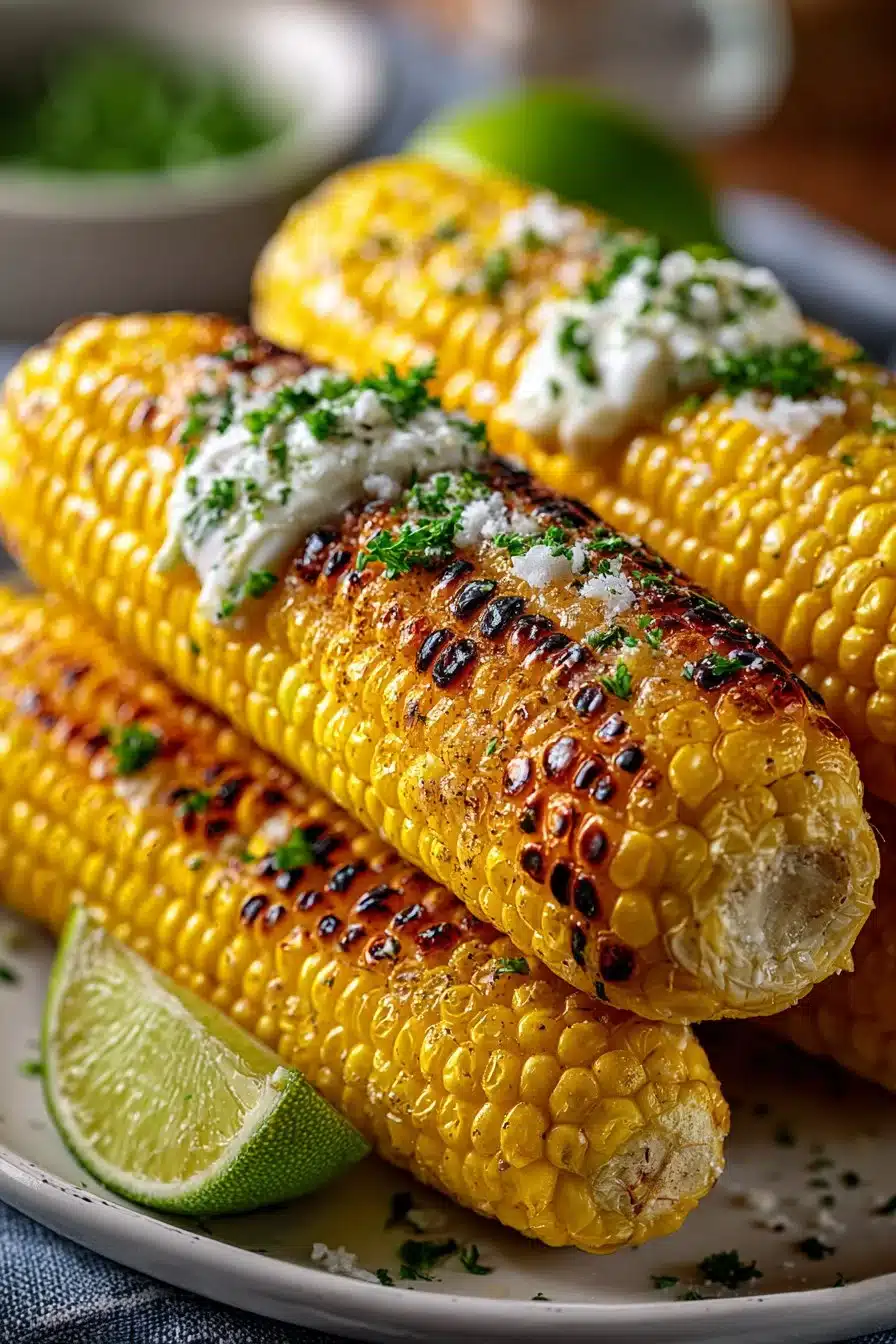 Delicious grilled sweet corn on the cob ready to be served at a summer BBQ.