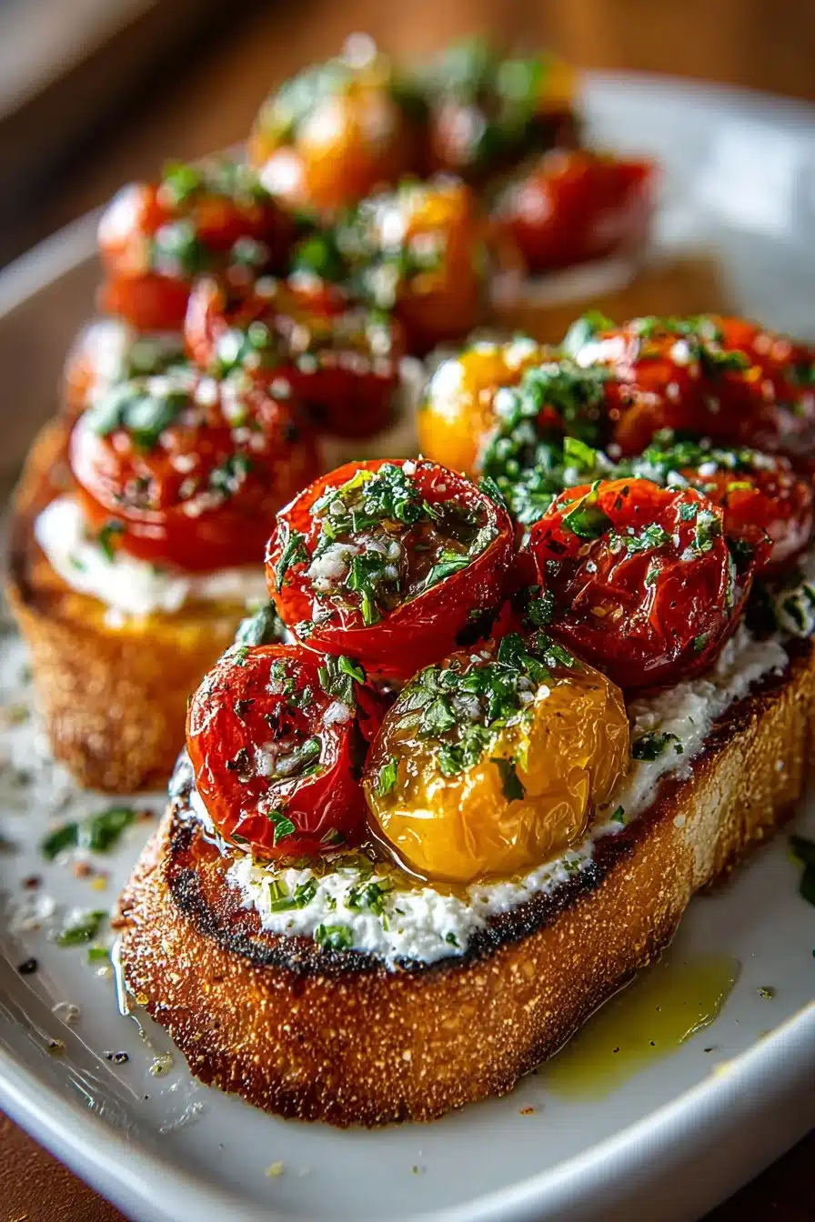 Quick Roasted Cherry Tomato Bruschetta Topping Quick roasted cherry tomato bruschetta topping served on crusty bread.