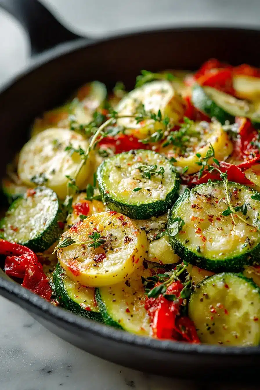 Quick summer squash and zucchini skillet dish ready to be served