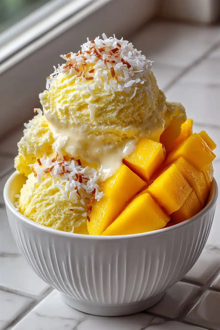 Refreshing Homemade Coconut Mango Ice Cream Refreshing homemade coconut mango ice cream in a bowl with a tropical presentation