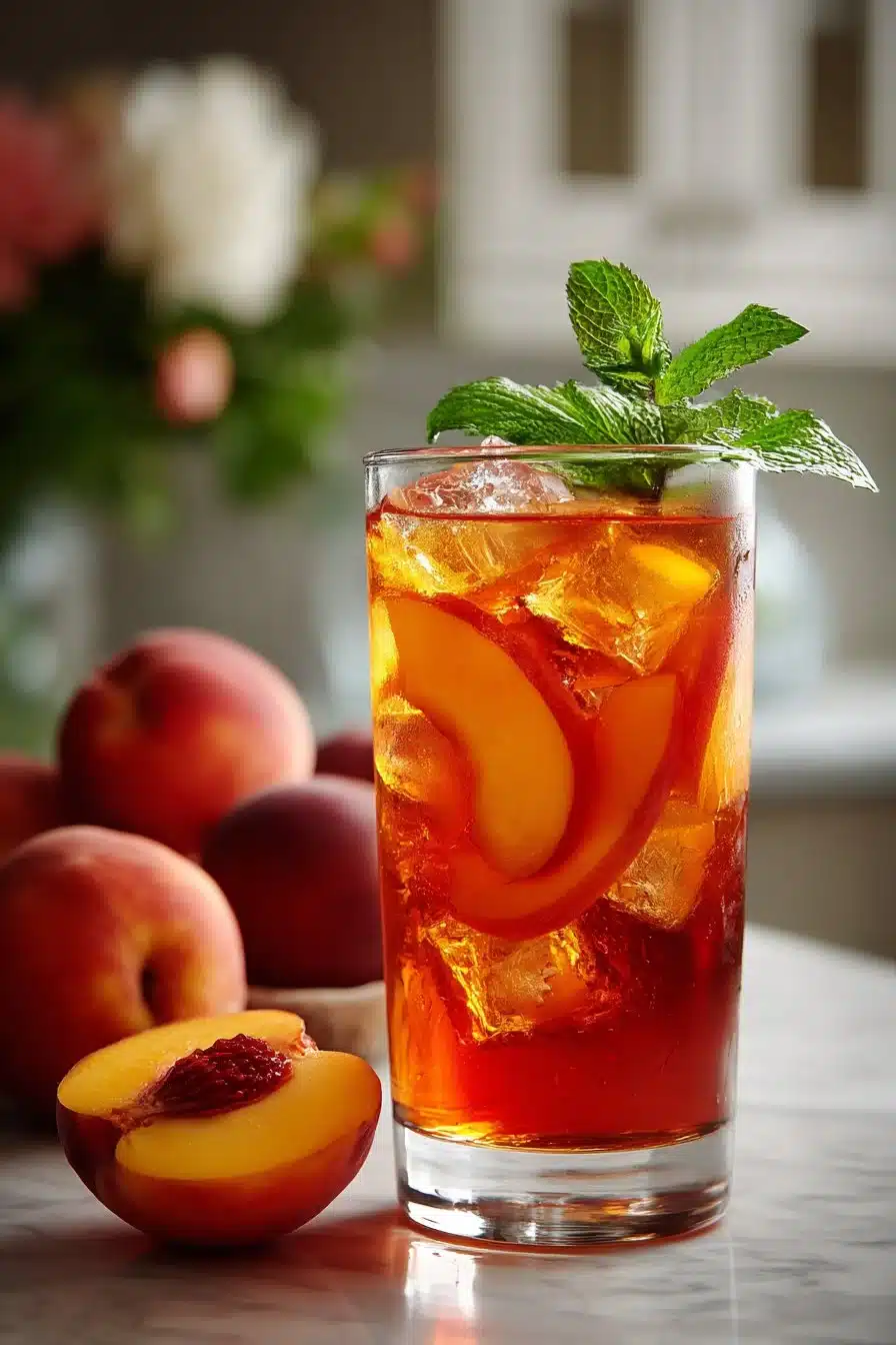 Glass of refreshing Southern peach iced tea with fresh peaches and ice