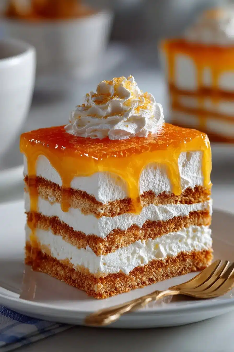 Retro Orange Creamsicle Icebox Cake dessert with layers of orange and cream flavors