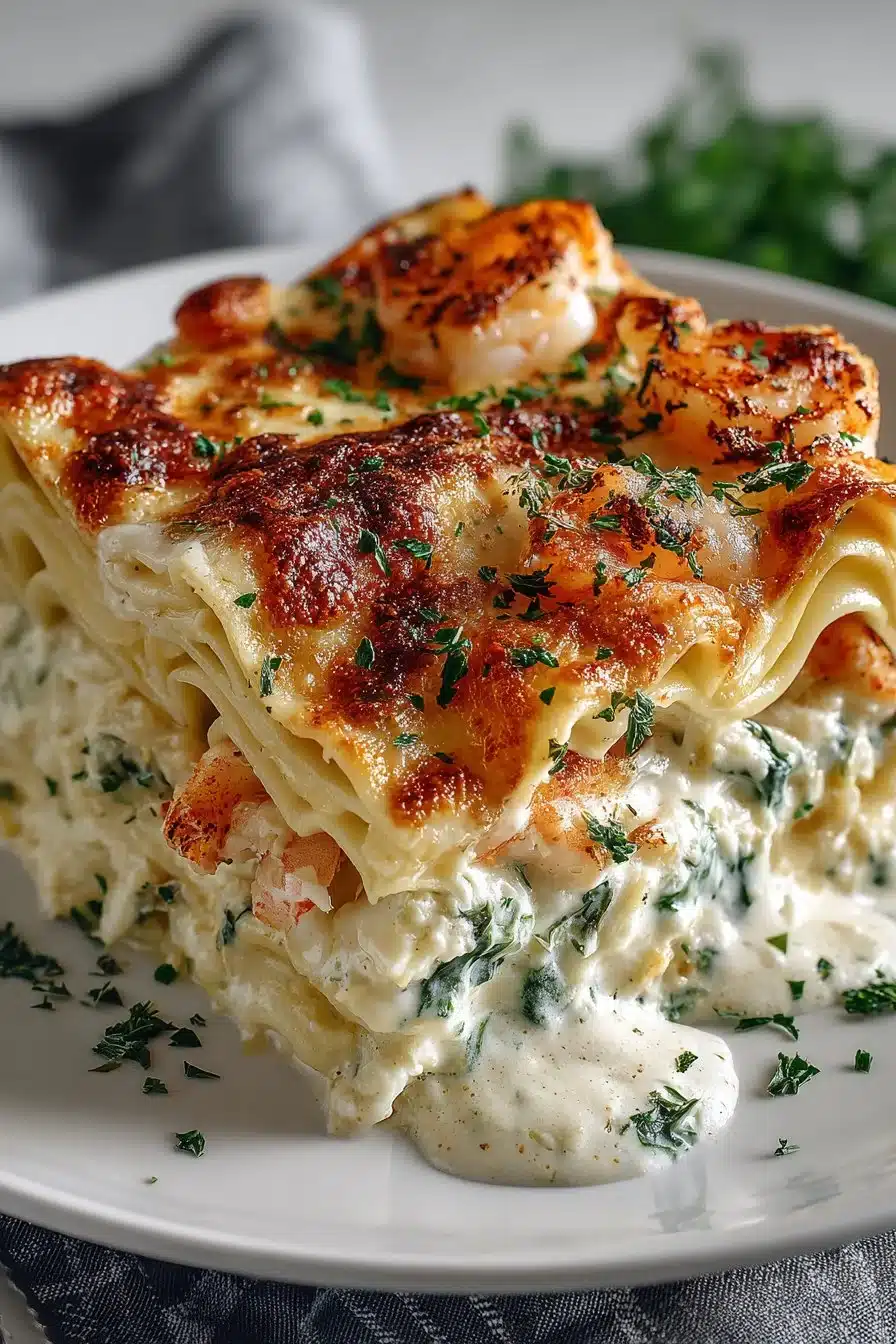Rich white seafood lasagna, layered with creamy cheese and fresh seafood.