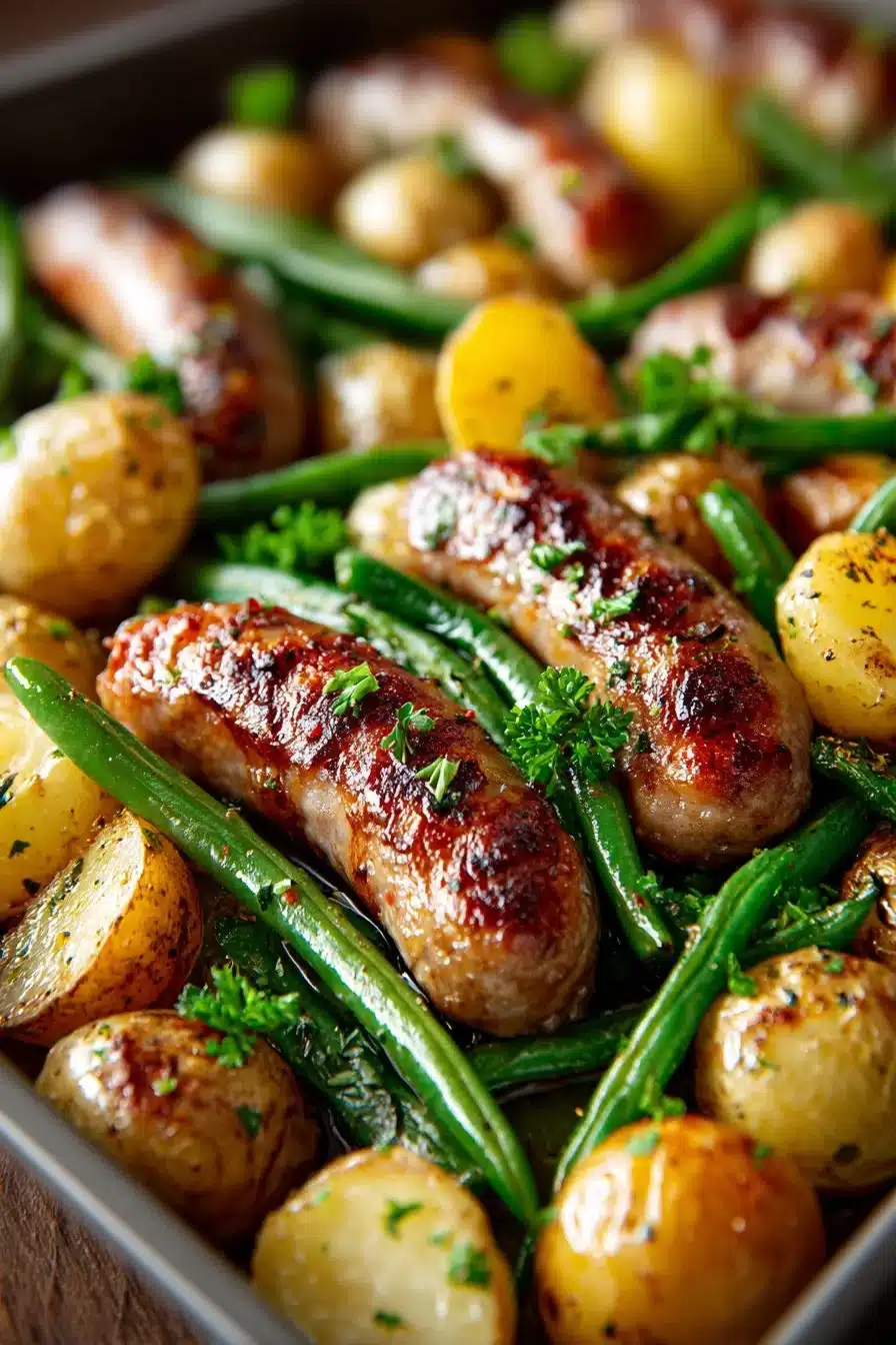 Sheet pan sausage with potatoes and green beans for easy dinner.