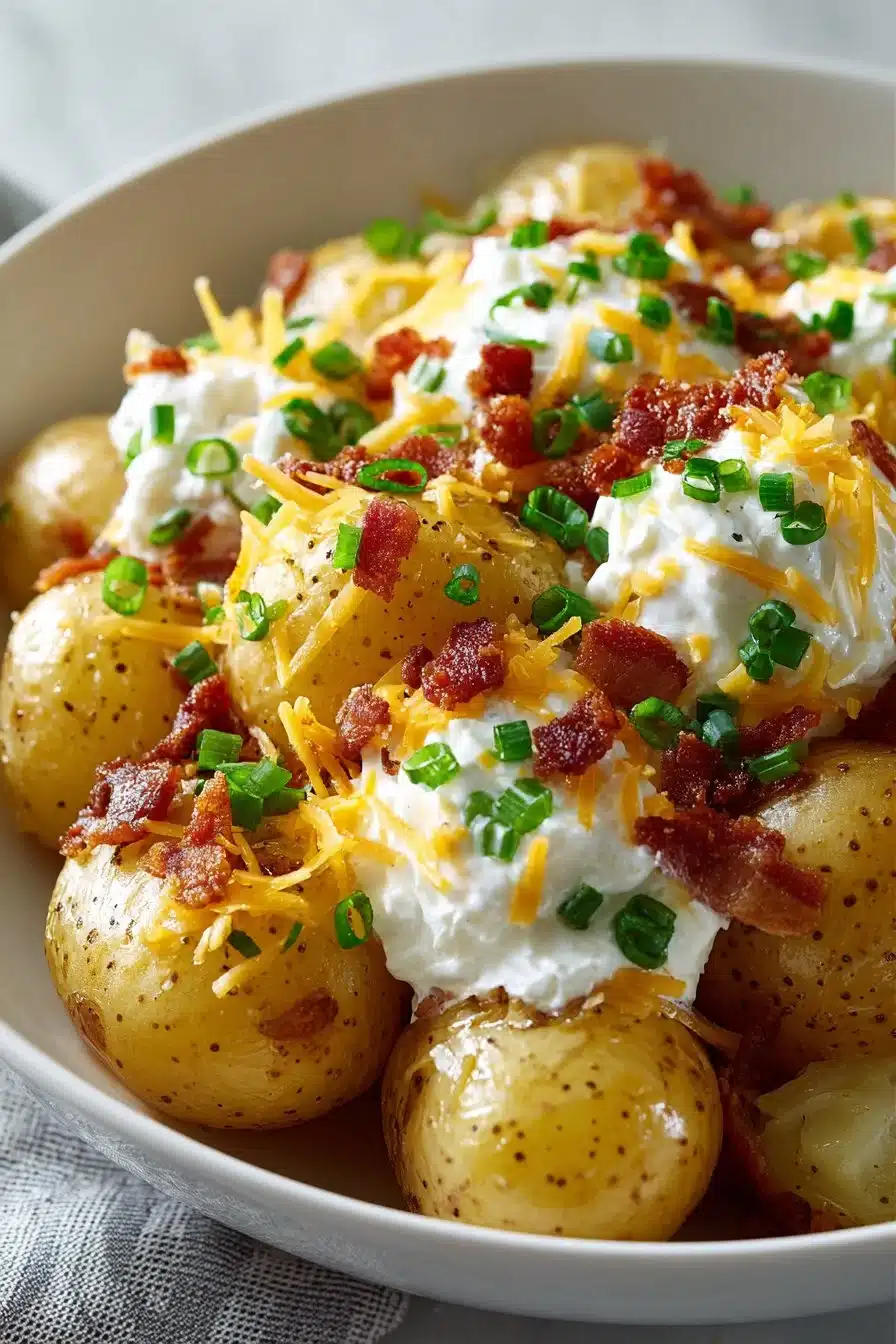 Slow cooker cheesy bacon ranch potatoes topped with bacon and cheese