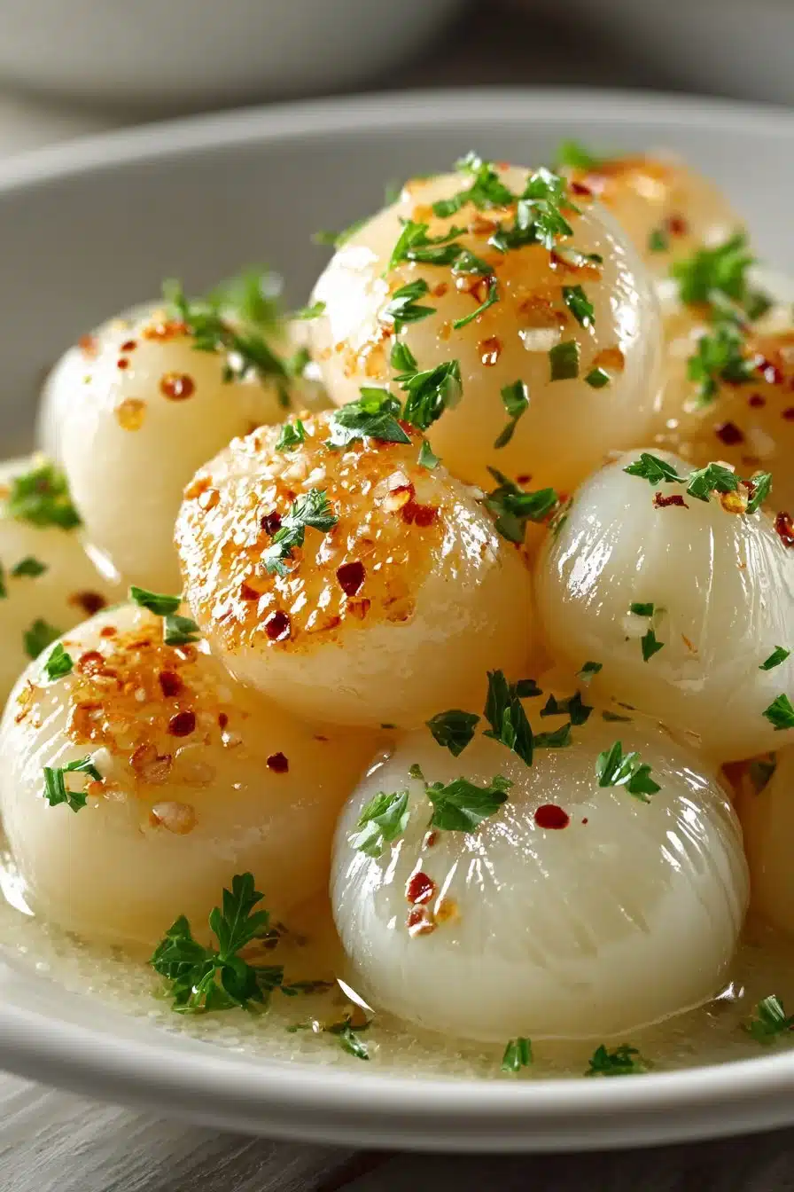 Slow cooker creamed pearl onions served as a delicious side dish