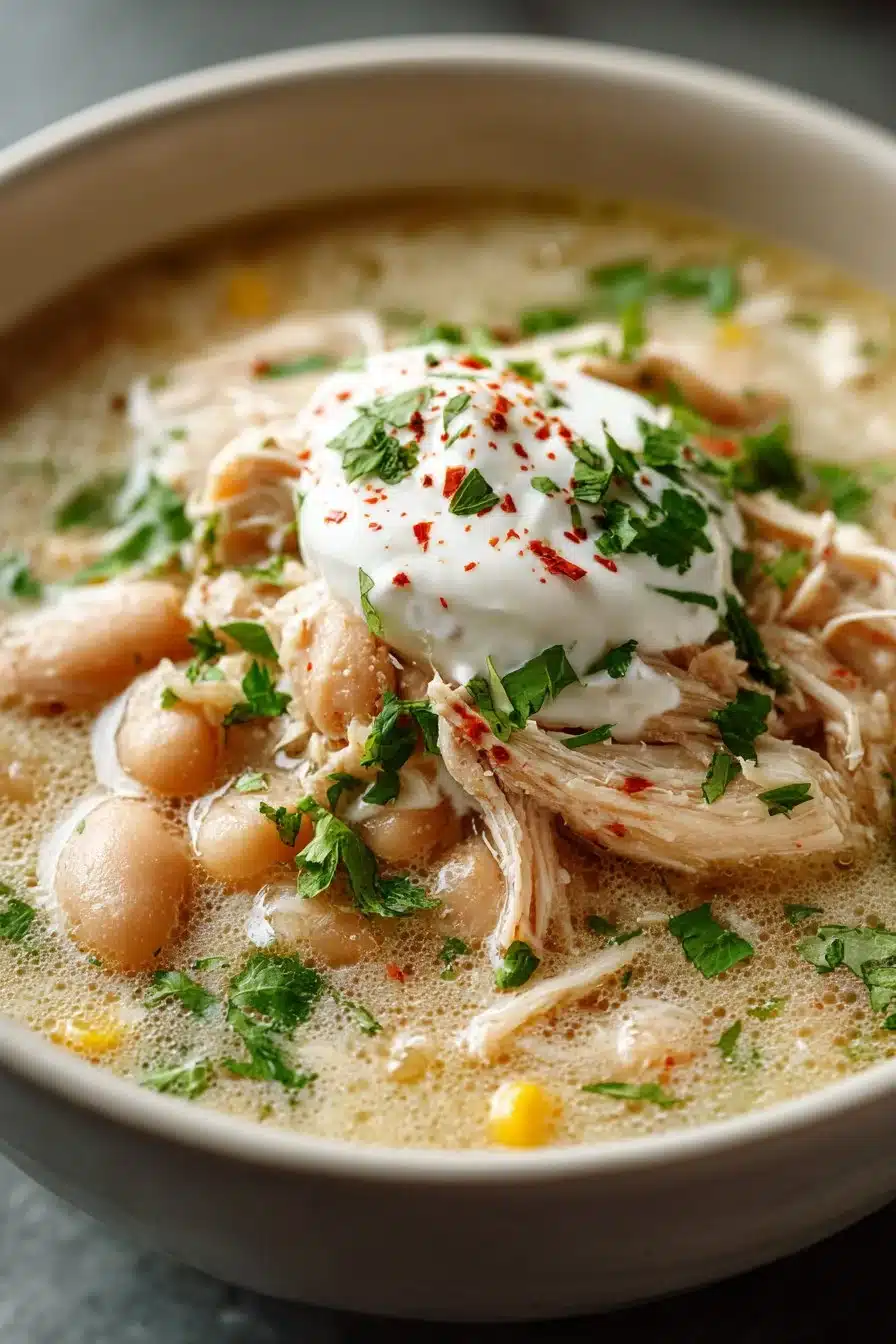 Bowl of Slow Cooker Creamy White Chicken Chili with toppings