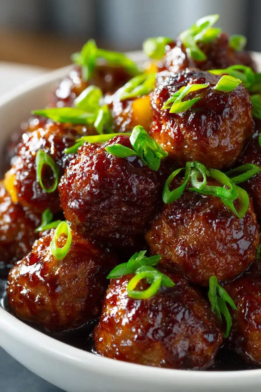 Delicious Slow Cooker Hawaiian Meatballs served in a bowl