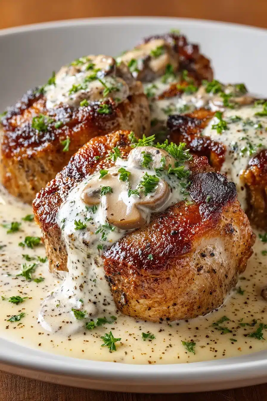 Slow cooker smothered pork chops in a savory sauce served on a plate