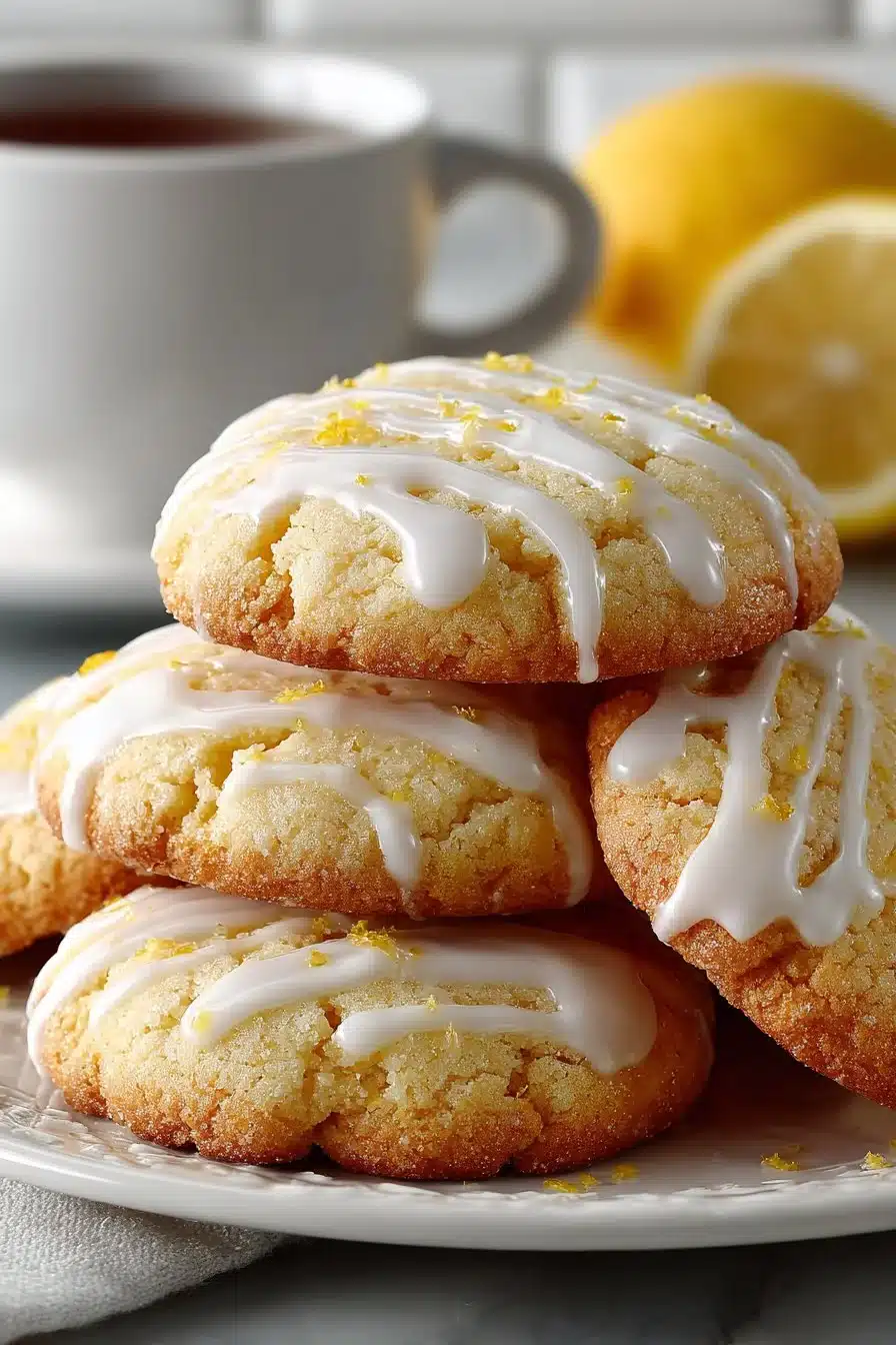 Delicious soft and chewy glazed lemon cookies on a plate