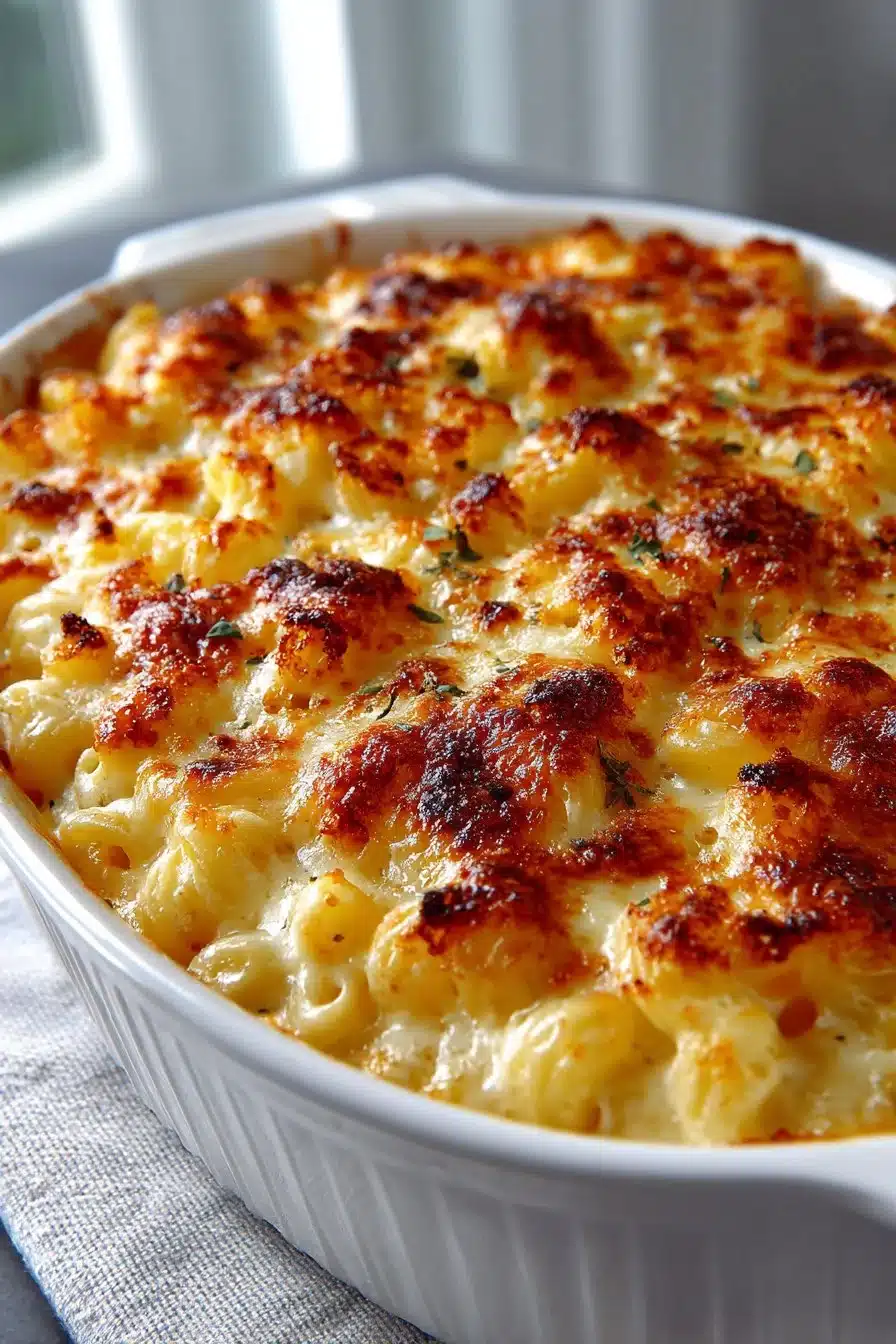 Delicious Southern Baked Macaroni and Cheese in a dish, ready to serve.