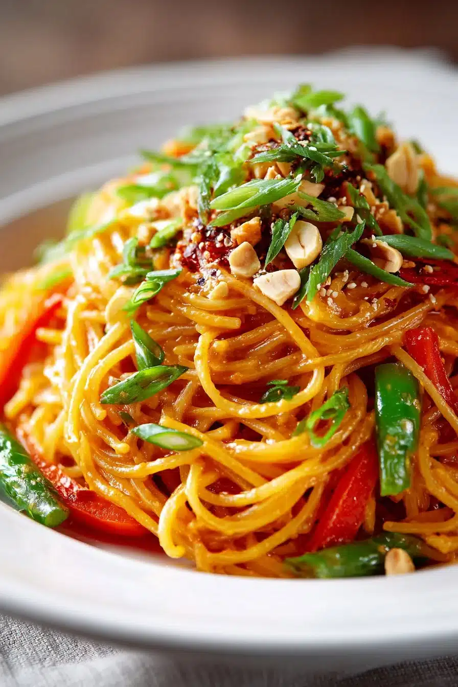 Spicy Peanut Asian Rice Noodles served with fresh herbs and vegetables