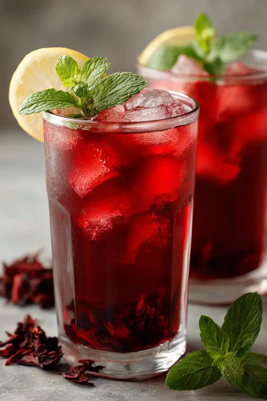 Refreshing sweetened homemade iced hibiscus tea in a glass with ice