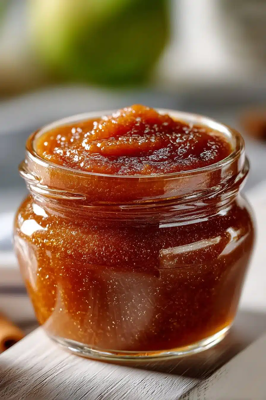 Jar of traditional Amish apple butter spread on a wooden table.