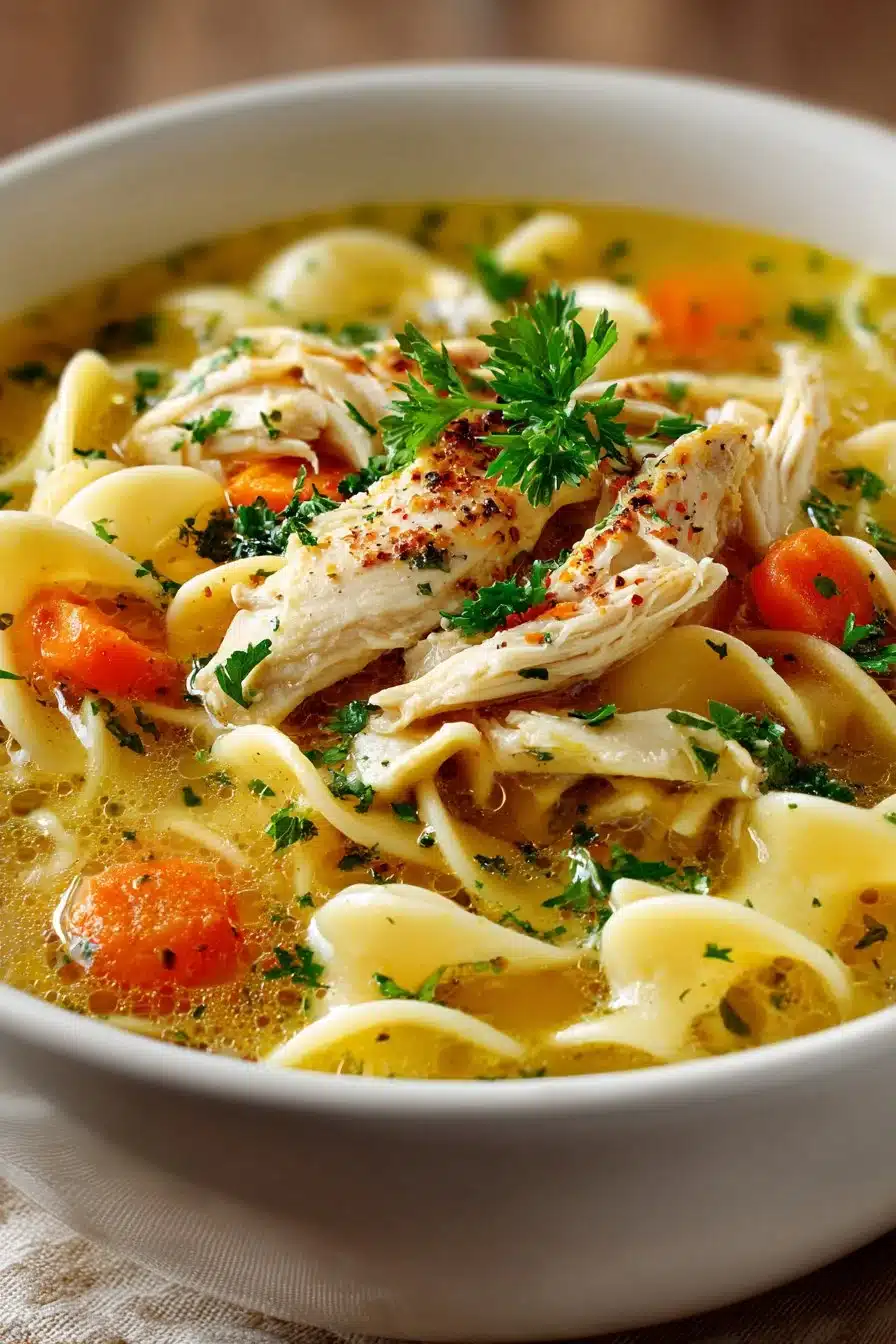 Bowl of traditional Amish chicken corn noodle soup with vegetables and noodles.
