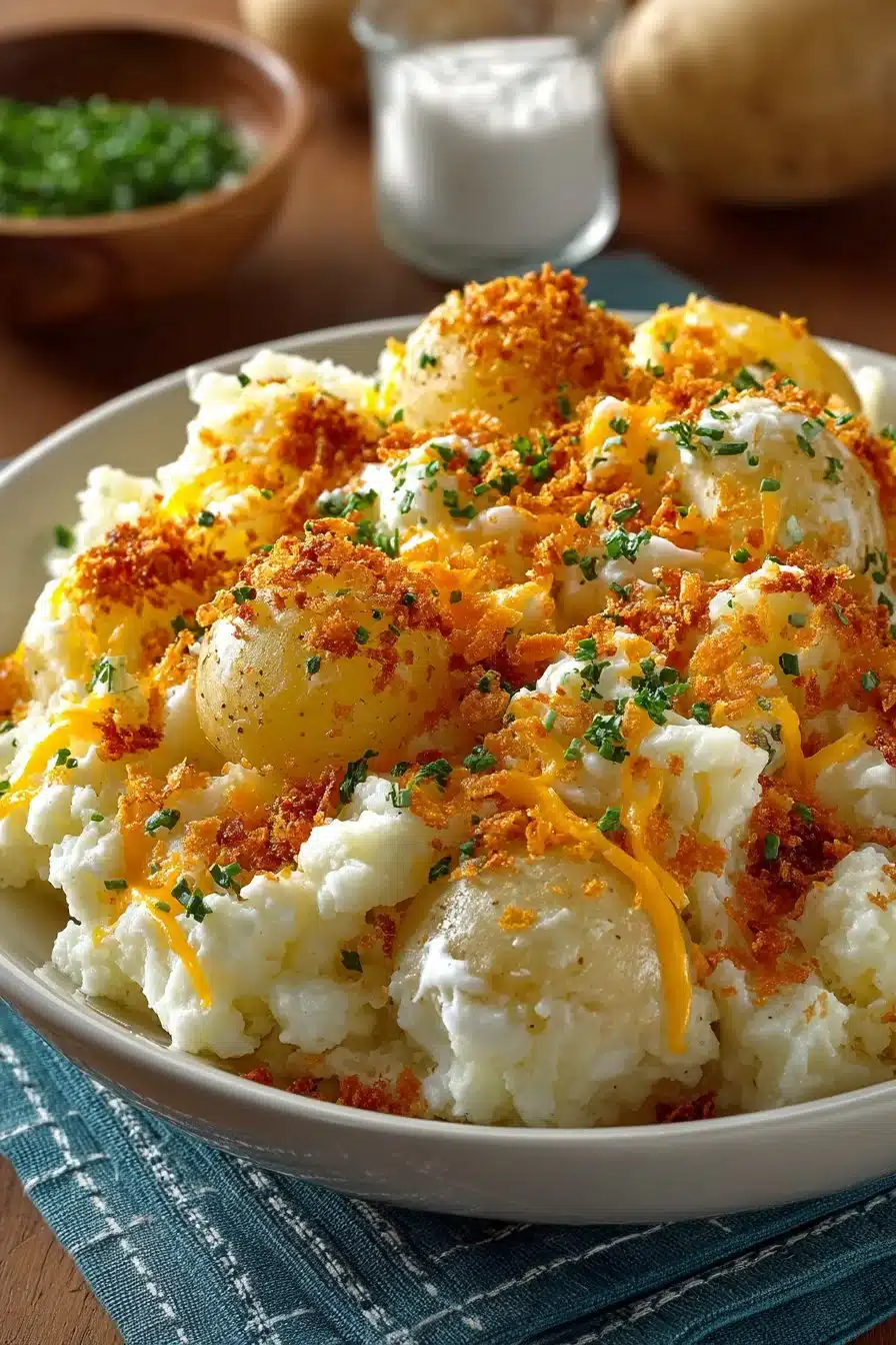 Traditional Amish Potato Casserole served on a plate with fresh herbs