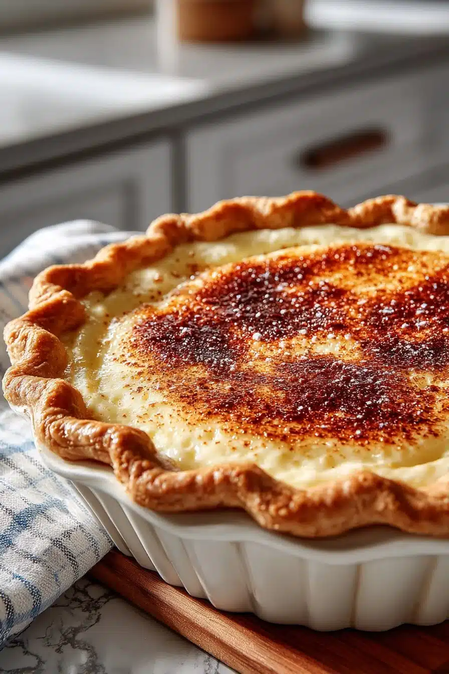 A slice of traditional Amish sugar cream pie topped with a sprinkle of nutmeg.