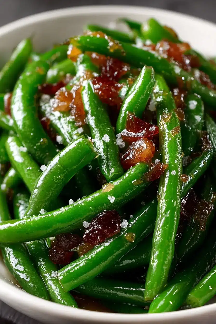 Jar of traditional Amish sweet and sour green beans on a wooden table