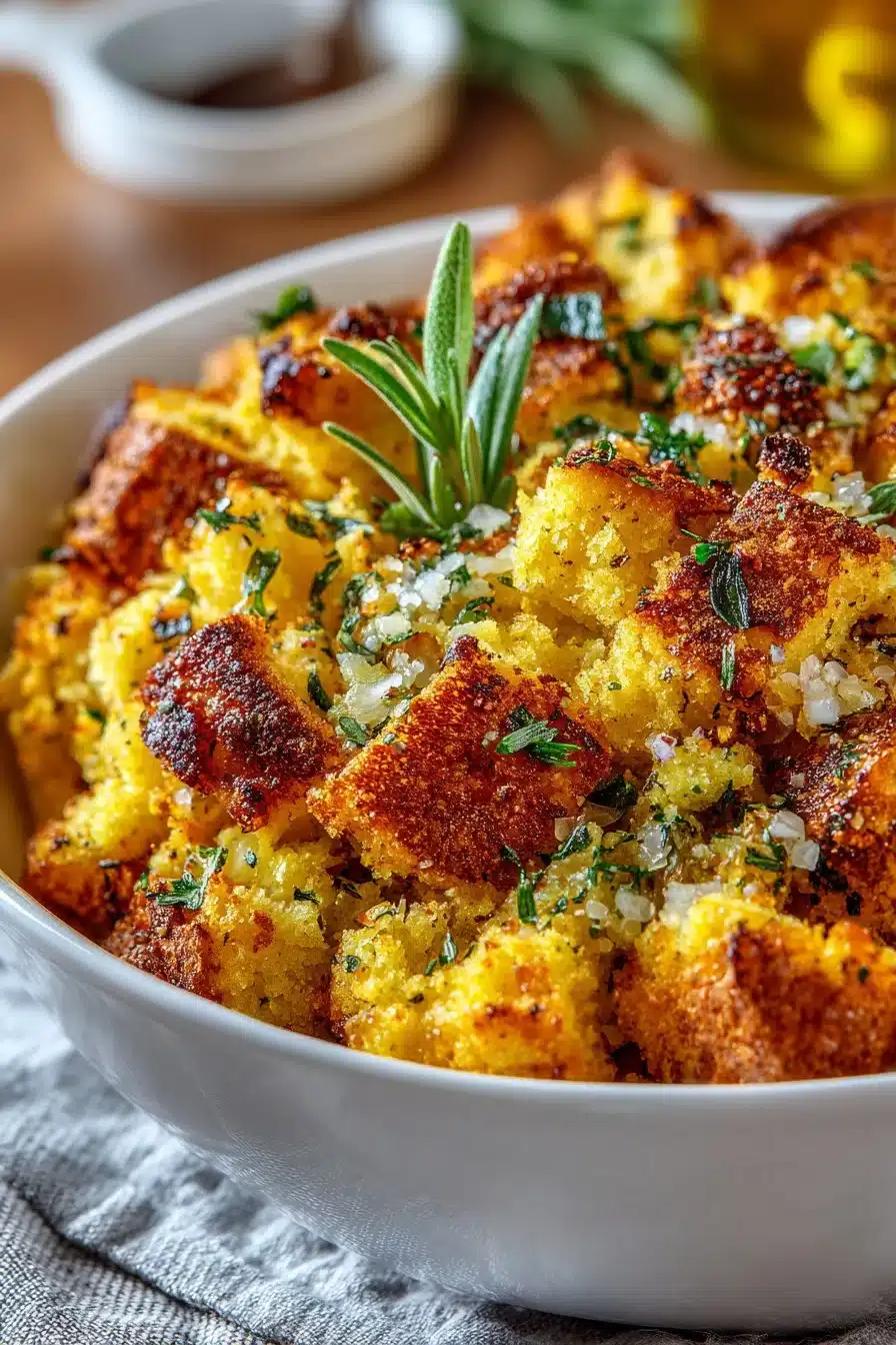 Traditional Cast Iron Skillet Cornbread Dressing served in a rustic setting.