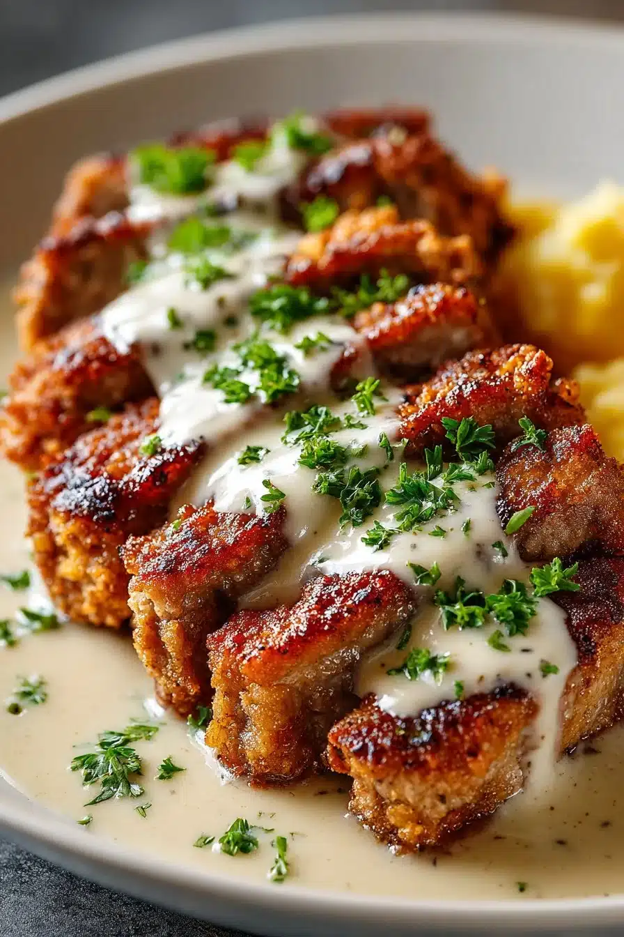 Plate of traditional Chicken Fried Steak smothered in creamy gravy