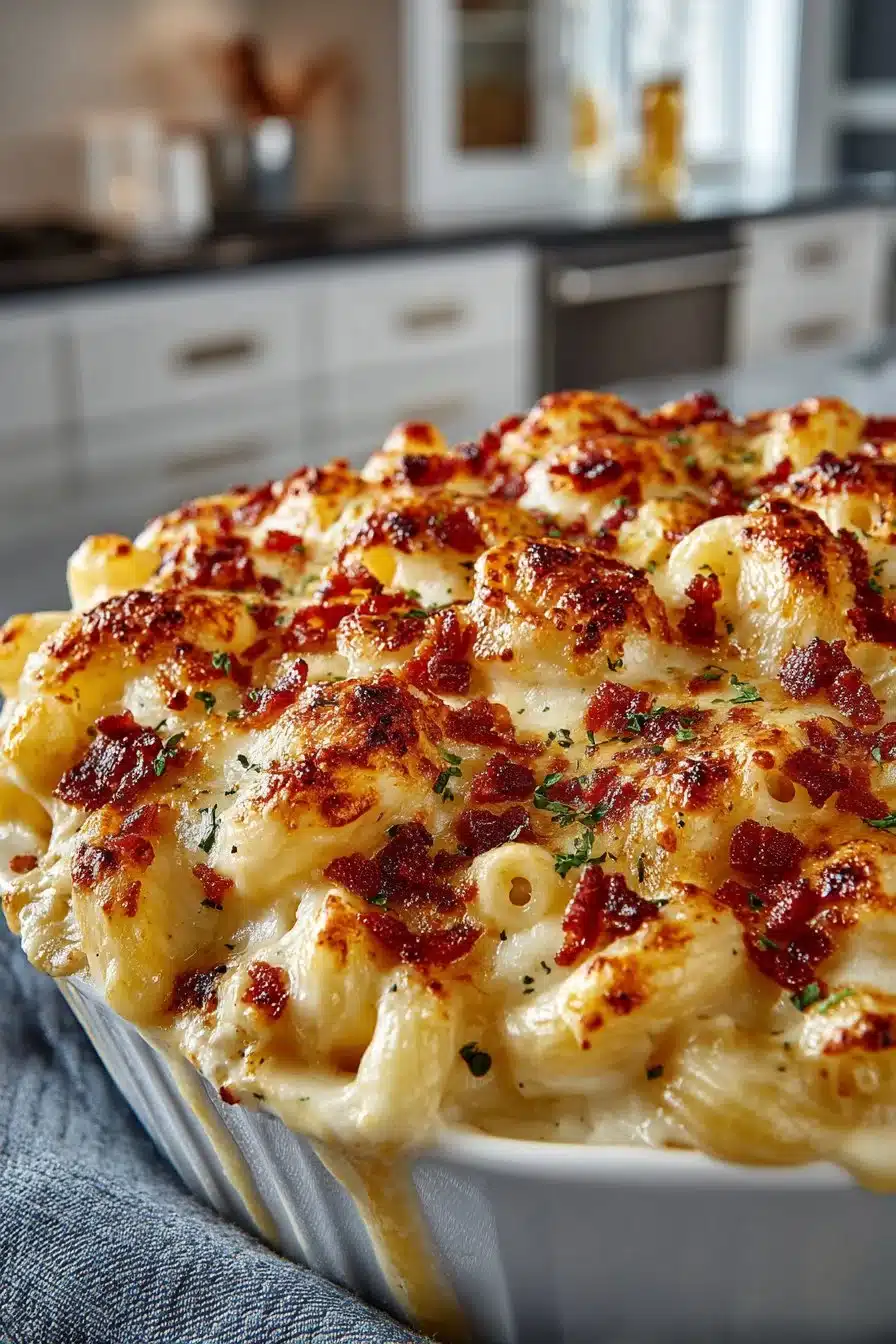Homestyle baked macaroni and cheese with crispy bacon topping