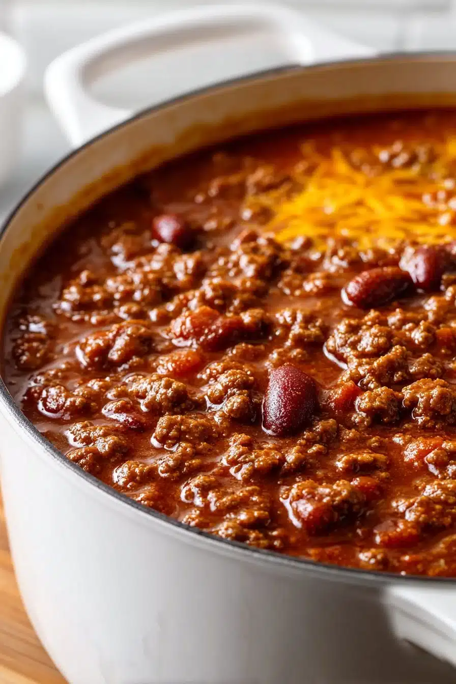 A dish of traditional homestyle baked beans with ground beef served in a bowl.