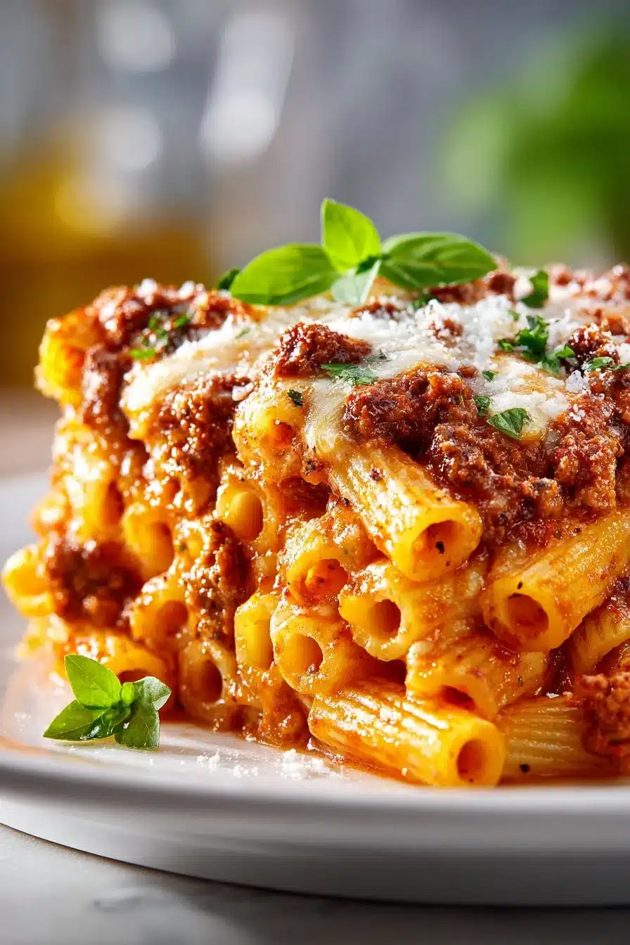 Traditional homestyle baked ziti with ground turkey in a baking dish