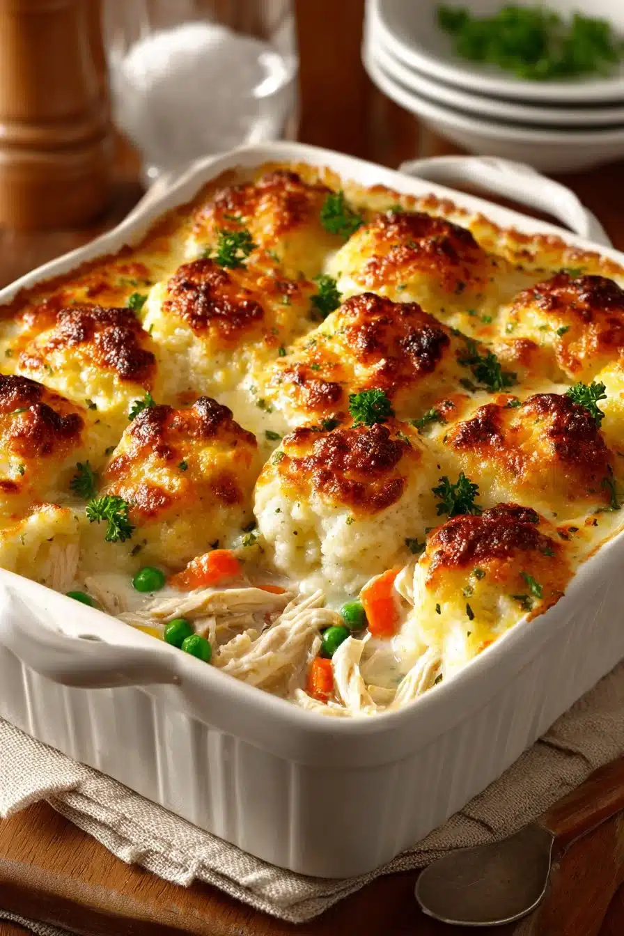 Delicious traditional homestyle chicken and dumplings casserole served in a bowl
