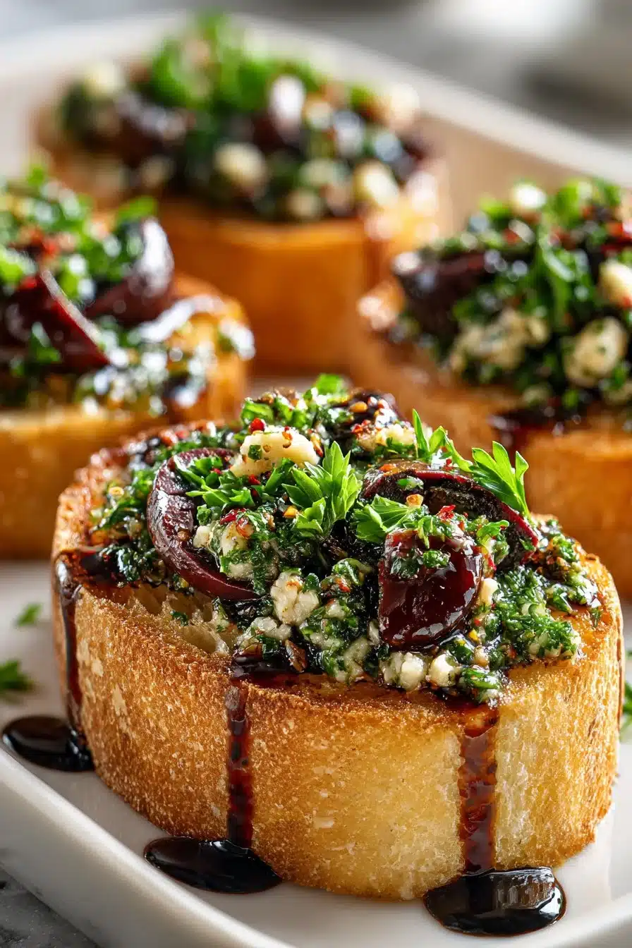 Delicious traditional olive tapenade bruschetta appetizer served on a platter