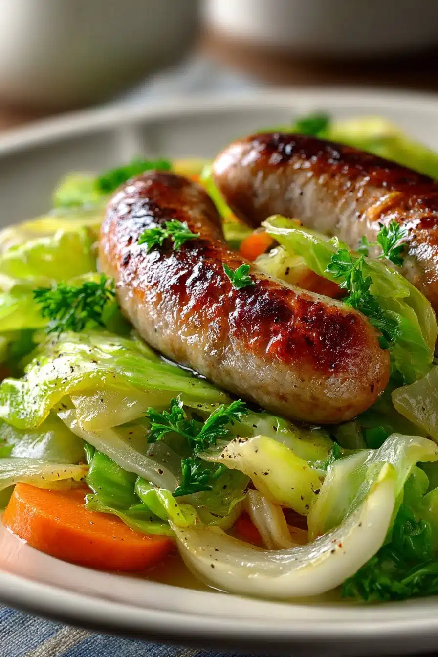 Plate of traditional Polish sausage served with cabbage on a wooden table.