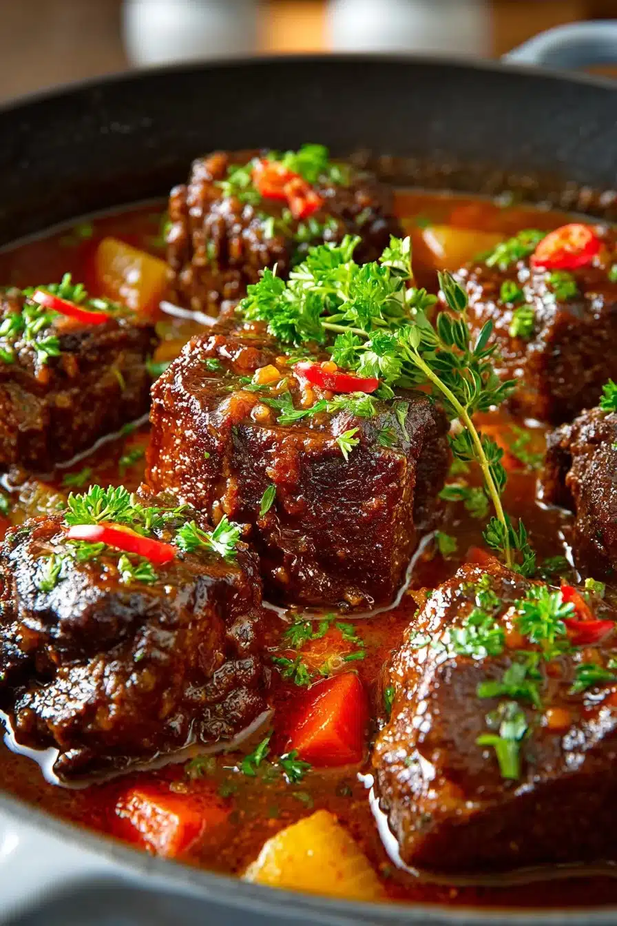 Bowl of traditional Southern braised oxtail stew garnished with herbs