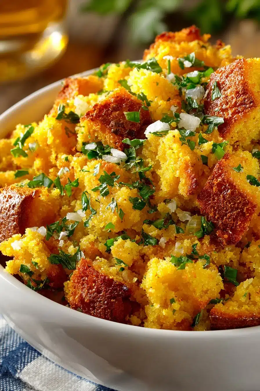 Delicious traditional Southern cornbread dressing served in a bowl.