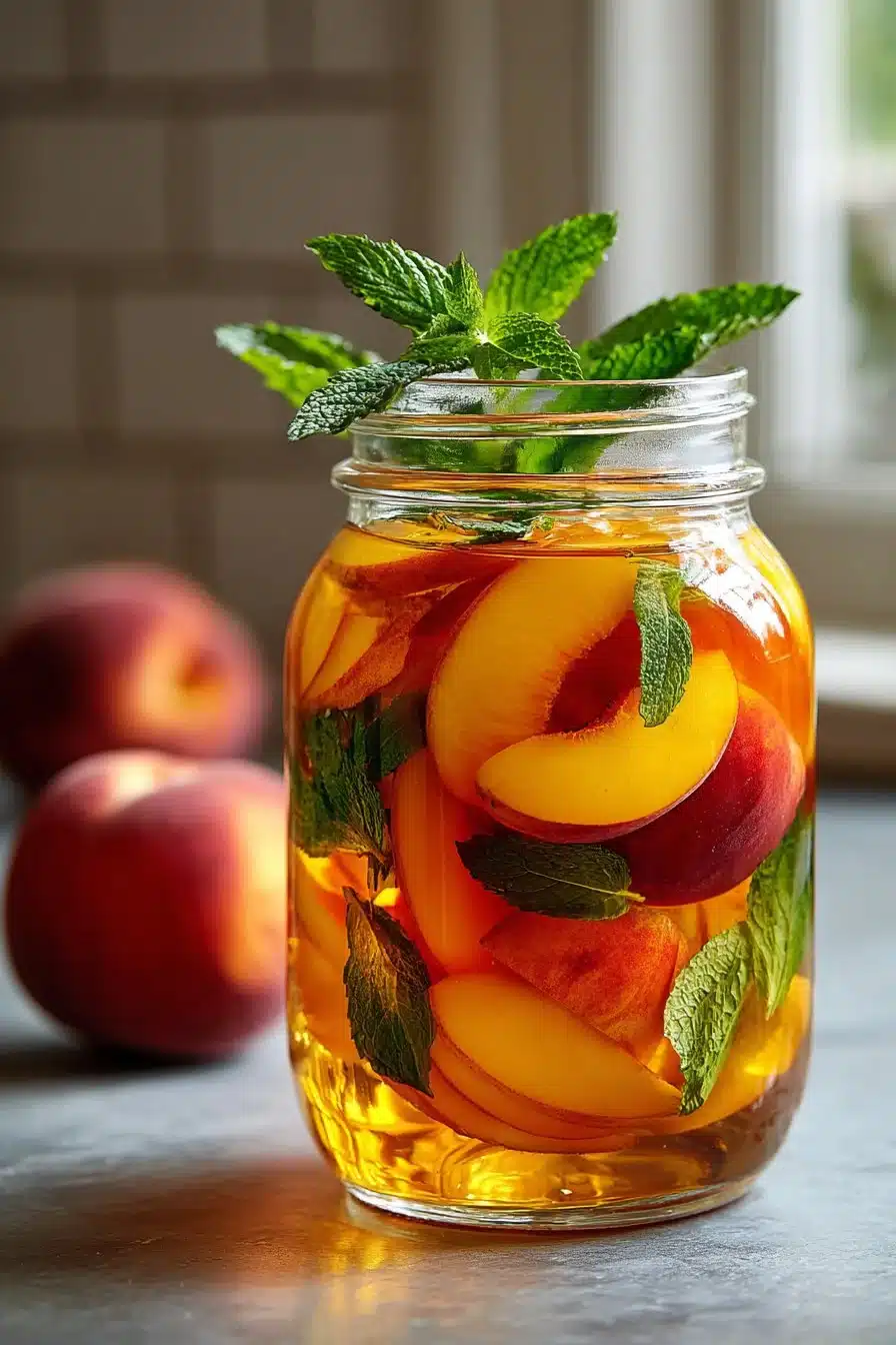 Glass of traditional Southern peach sun tea infused with fresh peaches
