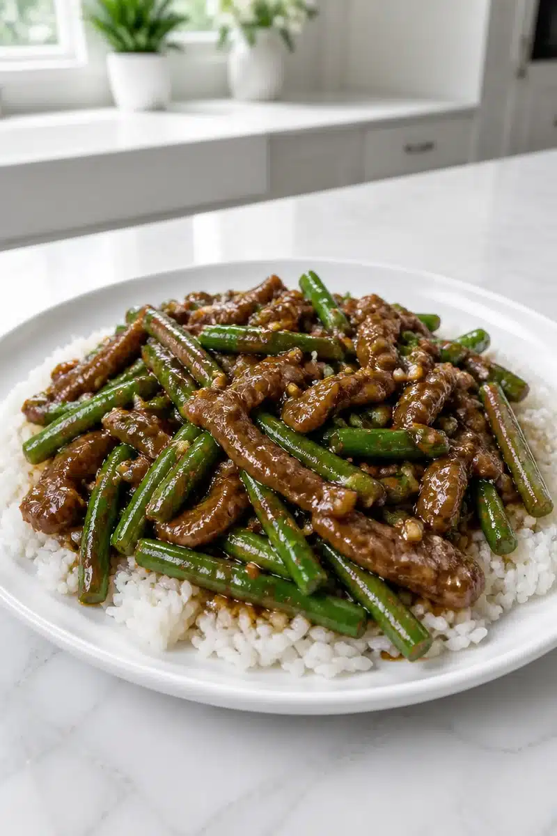 15 minute Mongolian beef and green bean skillet dish