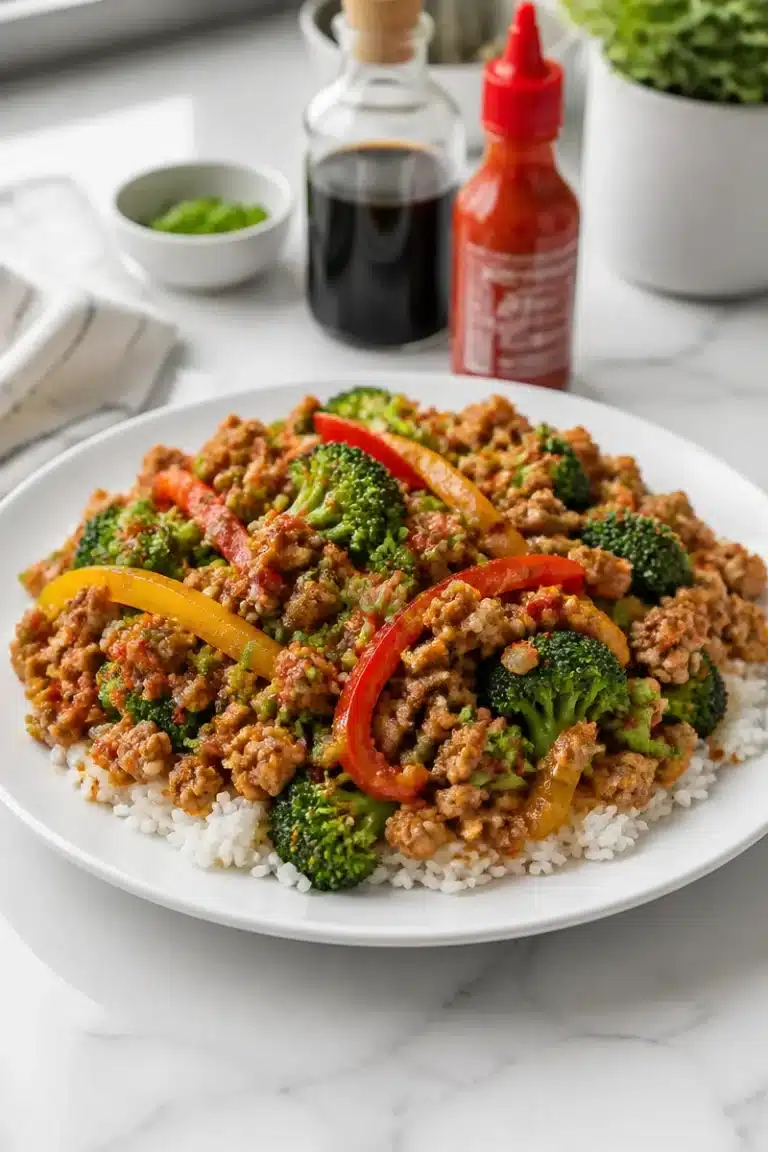 Delicious spicy ground turkey stir fry ready in 20 minutes.