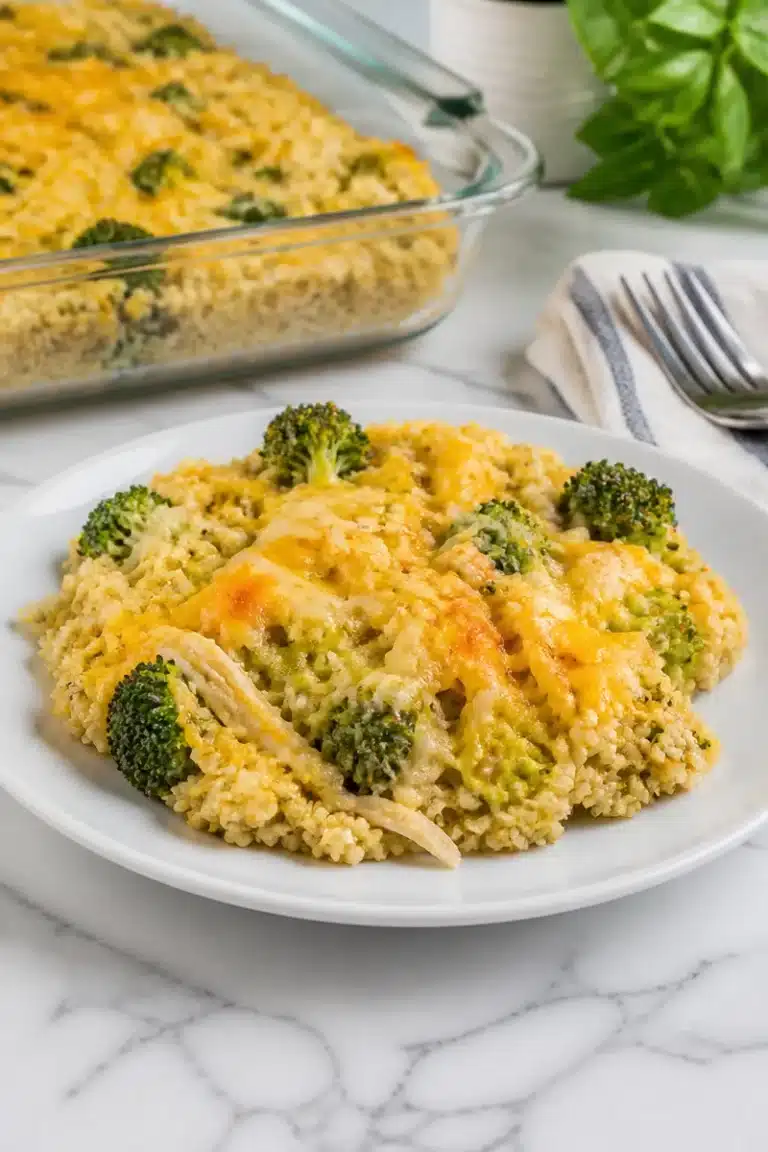 Cheesy chicken broccoli quinoa casserole served in a baking dish