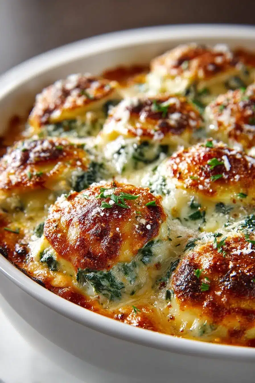 Cheesy Spinach Crockpot Ravioli Bake Cheesy Spinach Crockpot Ravioli Bake served in a dish with melted cheese