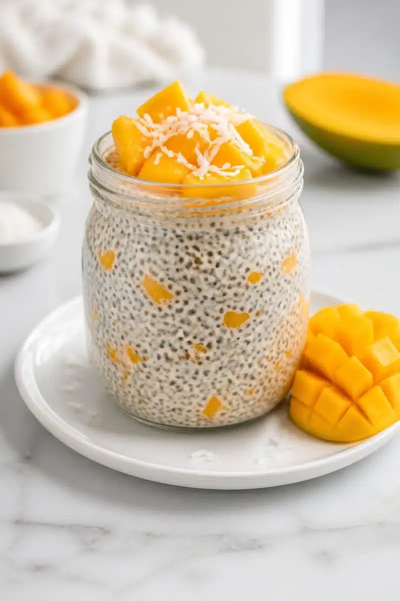 Coconut Mango Overnight Chia Pudding in a jar garnished with mango and coconut flakes