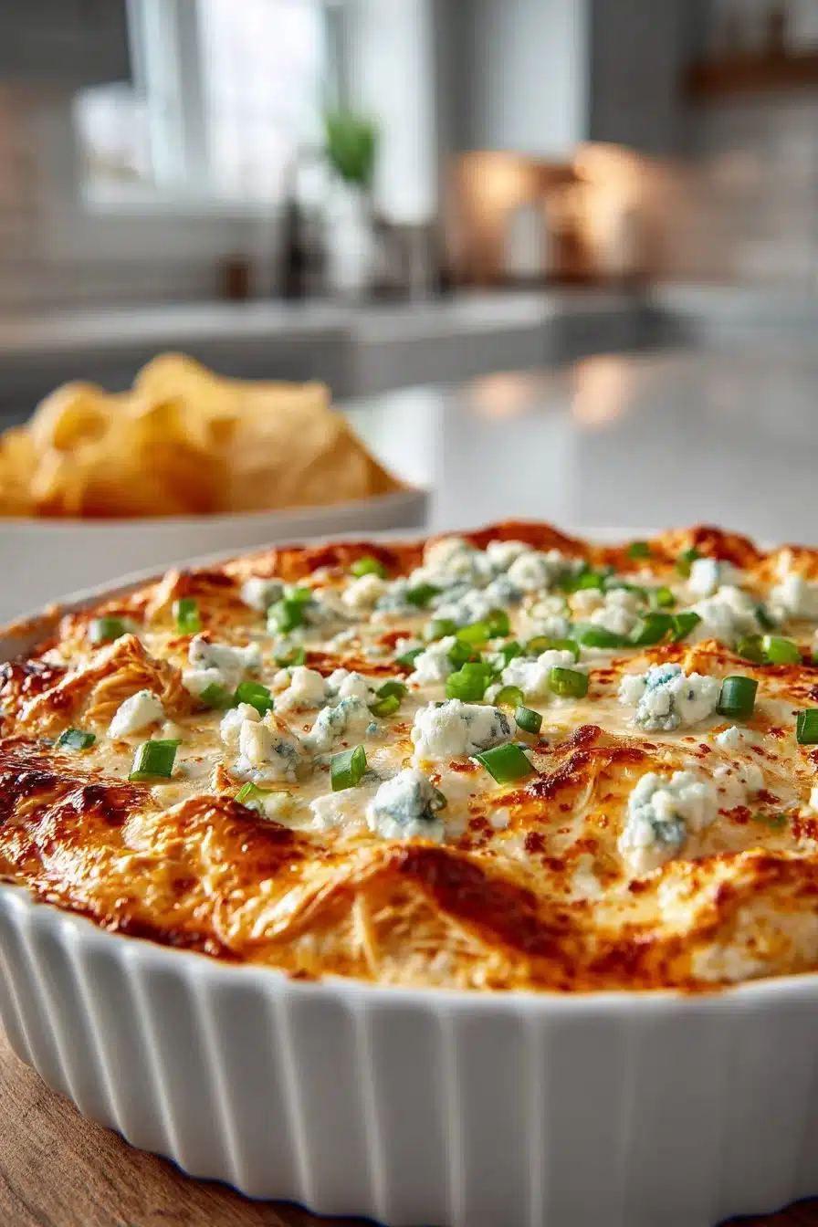 Creamy blue cheese buffalo chicken dip baked in the oven